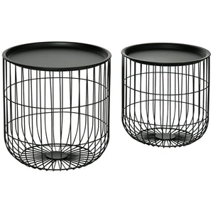 English Elm HOMCOM Round Nesting Coffee Tables Set of 2 — Steel Wired Basket Storage, Removable Tops, Black W2225P160344
