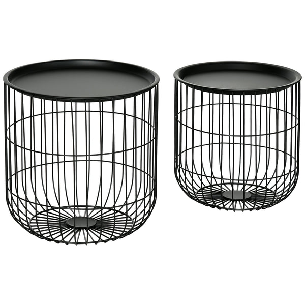 English Elm HOMCOM Round Nesting Coffee Tables Set of 2 — Steel Wired Basket Storage, Removable Tops, Black W2225P160344