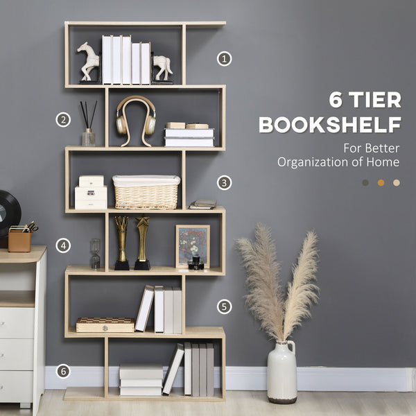 English Elm HOMCOM Contemporary 75.5"H S-Shaped 6-Shelf Bookcase Oak Vertical Storage Display Organizer, Space-Saving W2225P160358