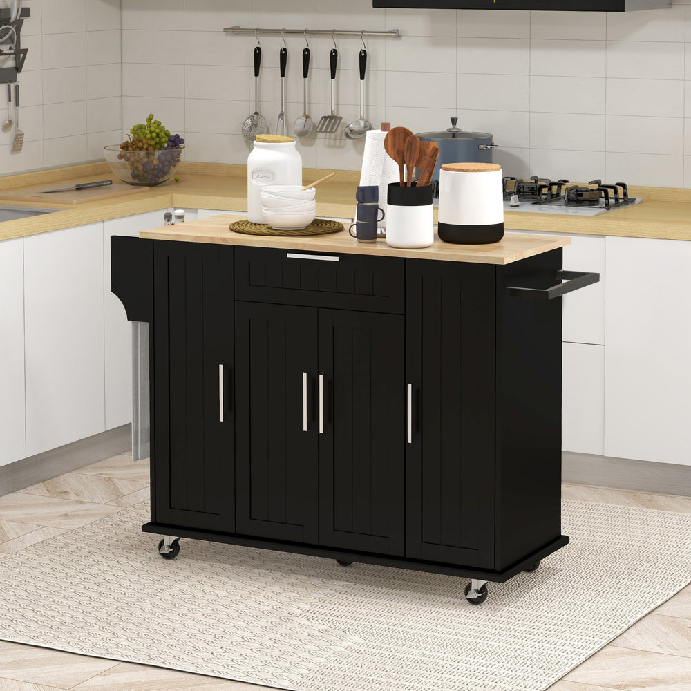 English Elm HOMCOM Rubberwood Top Kitchen Island Cart on Wheels with Drawer, Spice & Towel Racks, Adjustable Shelves W2225P160370