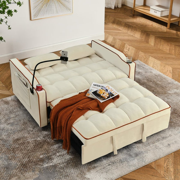 English Elm 55.51 Inch Velvet Convertible Sleeper Loveseat with Usb Port and Swivel Phone Stand W2353P151789