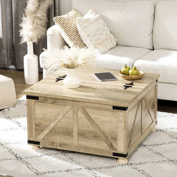 English Elm HOMCOM Farmhouse Square Coffee Table with Lift-Top Hidden Storage, Oak Finish, Sturdy Pine Legs 31.5" W2225P160374