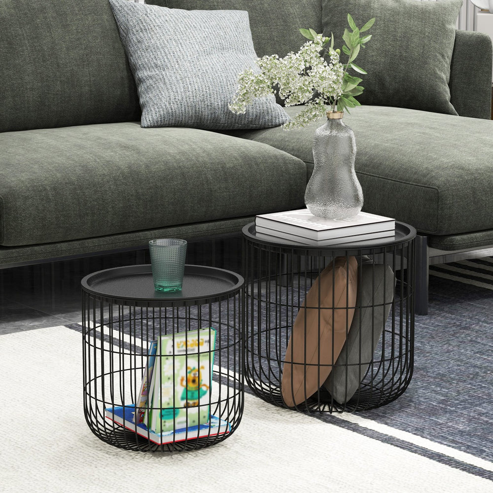 English Elm HOMCOM Round Nesting Coffee Tables Set of 2 — Steel Wired Basket Storage, Removable Tops, Black W2225P160344