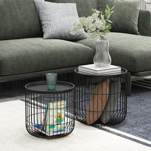 English Elm HOMCOM Round Nesting Coffee Tables Set of 2 — Steel Wired Basket Storage, Removable Tops, Black W2225P160344