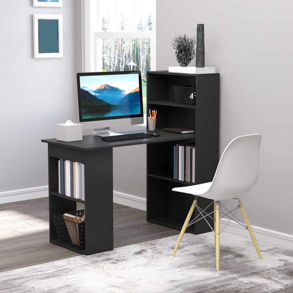 English Elm HOMCOM 47" Modern Home Office Desk with 6-Tier Shelves, Space-Saving Writing Table, Black W2225P160352