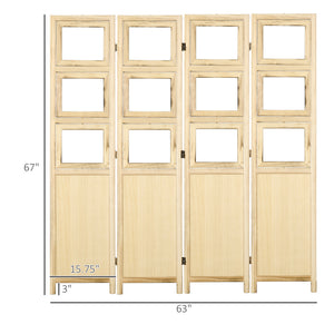 English Elm HOMCOM 4-Panel Wood Room Divider with 5x7 Rotating Photo Frames, Folding Privacy Screen 67"H Durable Natural W2225P160345