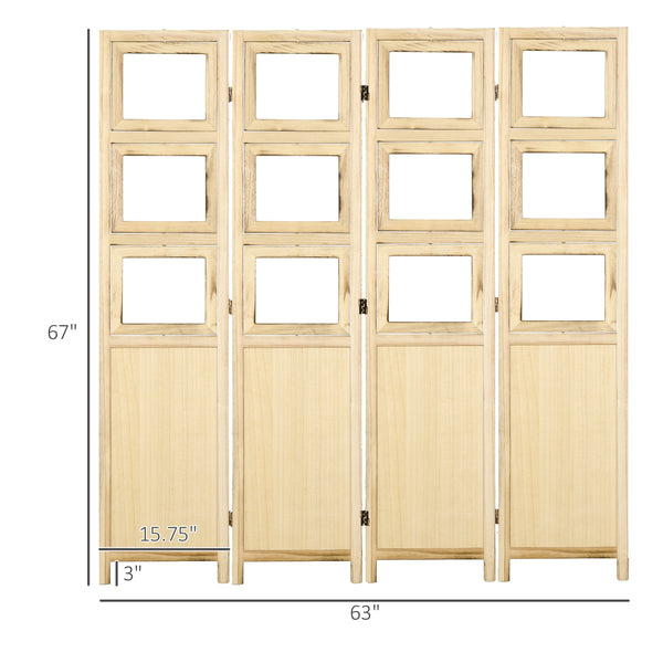 English Elm HOMCOM 4-Panel Wood Room Divider with 5x7 Rotating Photo Frames, Folding Privacy Screen 67"H Durable Natural W2225P160345