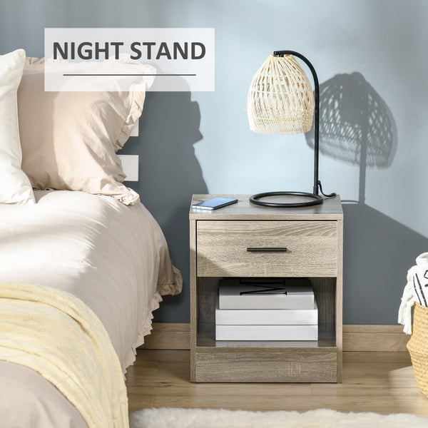 English Elm HOMCOM Modern Side Table with Drawer and Open Shelf, Gray Wood Grain Nightstand for Small Spaces W2225P160347