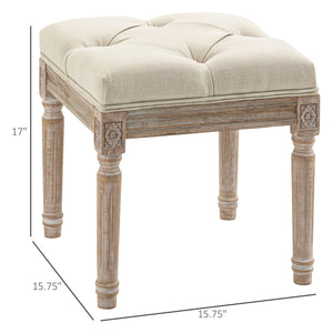 English Elm HOMCOM Tufted Vintage Ottoman 16" Beige Linen-Feel Footstool with Carved Wood Legs, Sturdy 264lb Capacity W2225P160417
