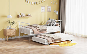 English Elm Twin Metal Daybed with Curved Handle Design and Durable Iron Trundle, Space-Saving Guest Bed Solution White MF314054AAK