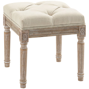 English Elm HOMCOM Tufted Vintage Ottoman 16" Beige Linen-Feel Footstool with Carved Wood Legs, Sturdy 264lb Capacity W2225P160417