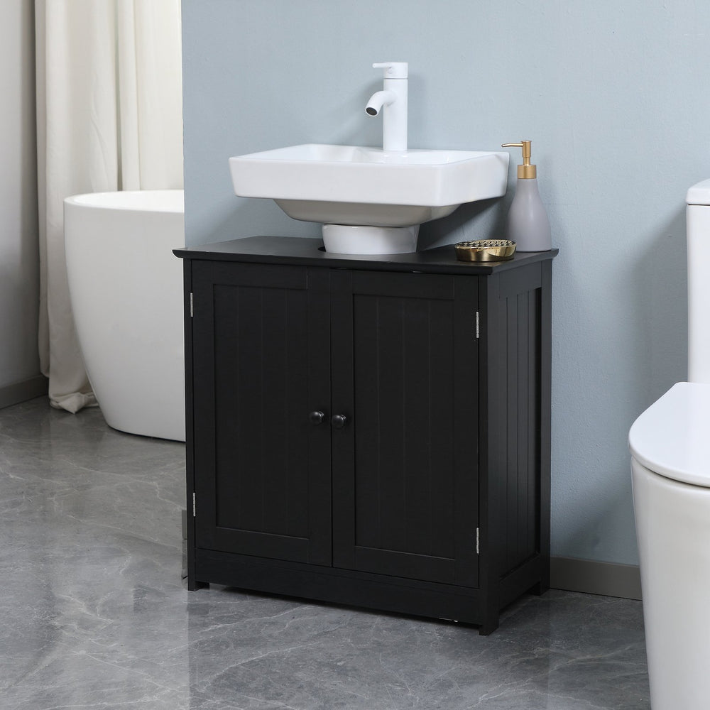 English Elm HOMCOM Pedestal Sink Cabinet with U-Shape Cutout, Adjustable Shelf, Double Door Storage, Black W2225P160432
