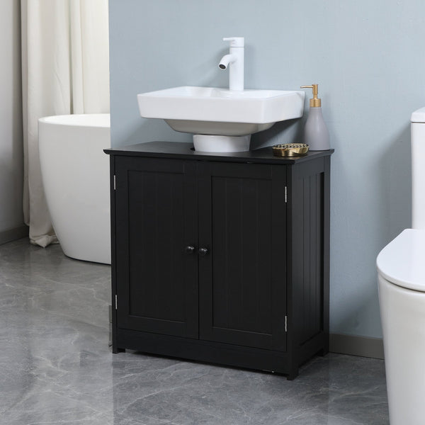 English Elm HOMCOM Pedestal Sink Cabinet with U-Shape Cutout, Adjustable Shelf, Double Door Storage, Black W2225P160432