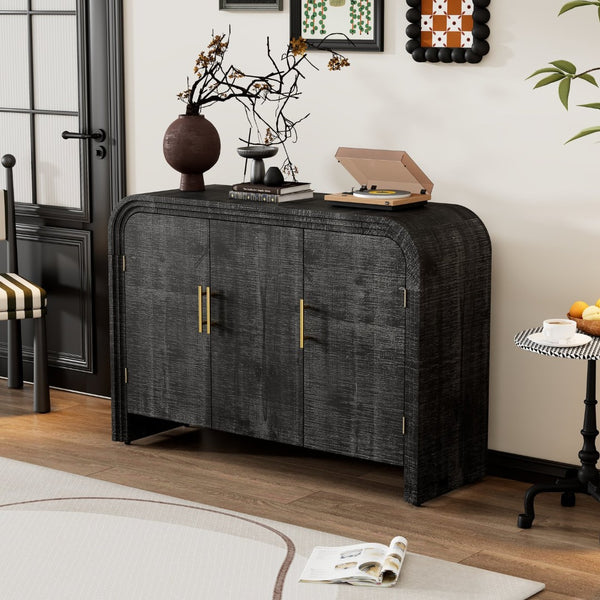English Elm Trexm Retro Curved Buffet with Gold Pulls Antique Finish Wood Grain Dining Storage WF317093AAB
