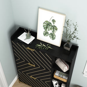 English Elm Shoe Cabinet with 3 Flip Drawers & Open Shelves, Slim Rustic Herringbone Organizer for Entryway Black W2227P144265