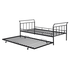 English Elm Twin Metal Daybed with Curved Handle Design and Durable Iron Trundle, Space-Saving Guest Bed Solution Black MF314054AAB