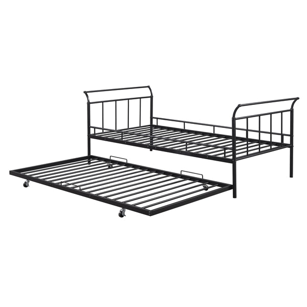 English Elm Twin Metal Daybed with Curved Handle Design and Durable Iron Trundle, Space-Saving Guest Bed Solution Black MF314054AAB