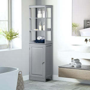 English Elm Kleankin Tall Bathroom Storage Cabinet, Freestanding Linen Tower With 3-Tier Open Shelf and Door, Slim Floor Organizer, Grey