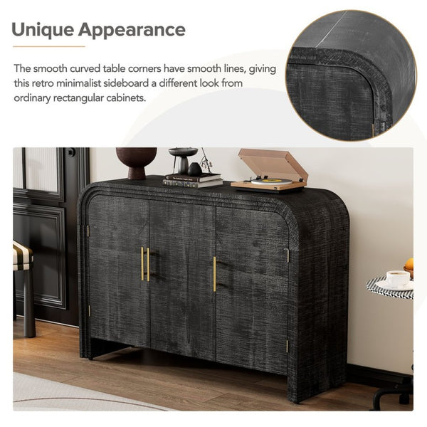English Elm Trexm Retro Curved Buffet with Gold Pulls Antique Finish Wood Grain Dining Storage WF317093AAB