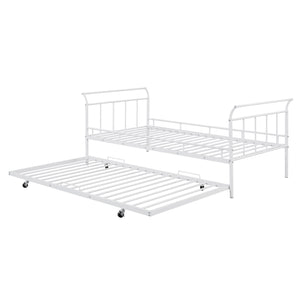 English Elm Twin Metal Daybed with Curved Handle Design and Durable Iron Trundle, Space-Saving Guest Bed Solution White MF314054AAK