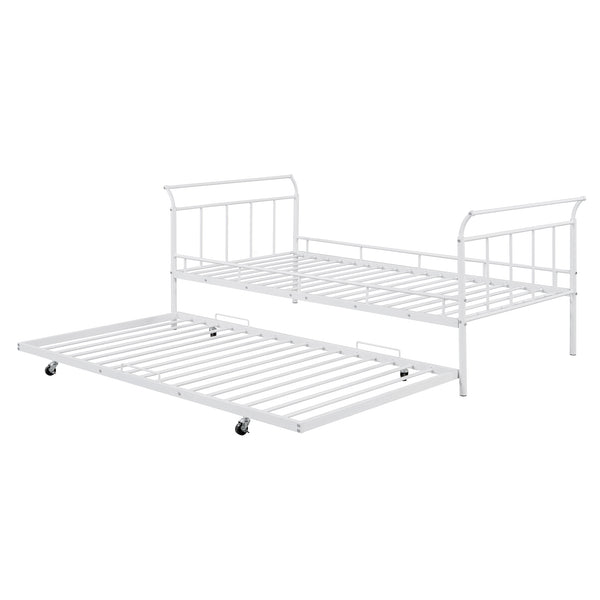 English Elm Twin Metal Daybed with Curved Handle Design and Durable Iron Trundle, Space-Saving Guest Bed Solution White MF314054AAK