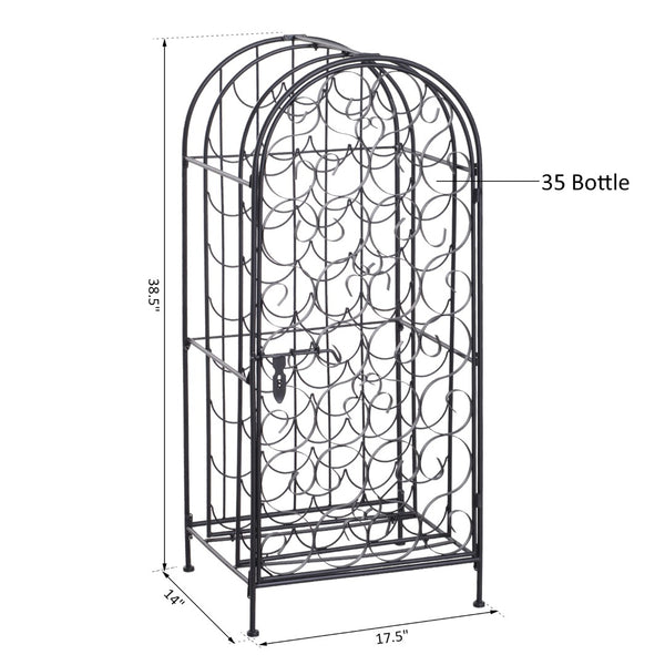 English Elm Homcom Wrought Iron Floor Wine Rack with Scrollwork Door Holds 35 Bottles W2225P160427