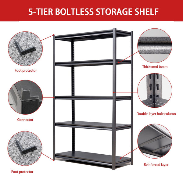 English Elm 78"H Heavy Duty 5-Tier Metal Shelving Unit, 2000LB Capacity, Adjustable DIY Garage/Storage Rack, Quick-Assembly Black/Grey T2398P160410