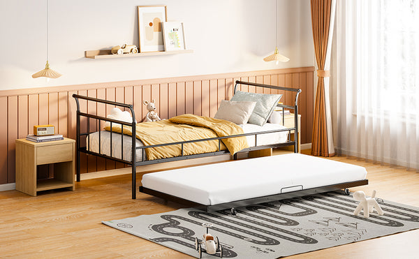 English Elm Twin Metal Daybed with Curved Handle Design and Durable Iron Trundle, Space-Saving Guest Bed Solution Black MF314054AAB