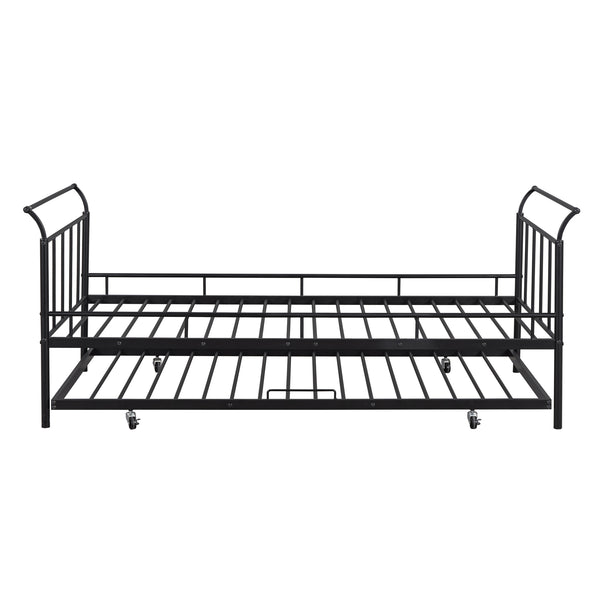 English Elm Twin Metal Daybed with Curved Handle Design and Durable Iron Trundle, Space-Saving Guest Bed Solution Black MF314054AAB