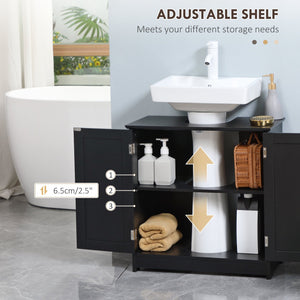 English Elm HOMCOM Pedestal Sink Cabinet with U-Shape Cutout, Adjustable Shelf, Double Door Storage, Black W2225P160432