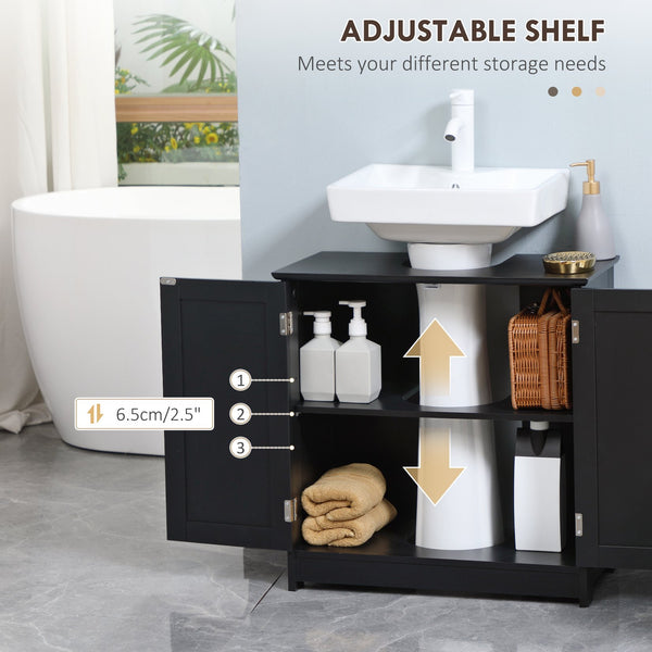 English Elm HOMCOM Pedestal Sink Cabinet with U-Shape Cutout, Adjustable Shelf, Double Door Storage, Black W2225P160432