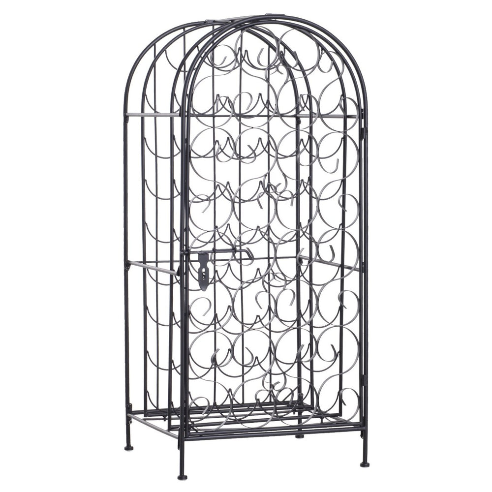 English Elm Homcom Wrought Iron Floor Wine Rack with Scrollwork Door Holds 35 Bottles W2225P160427