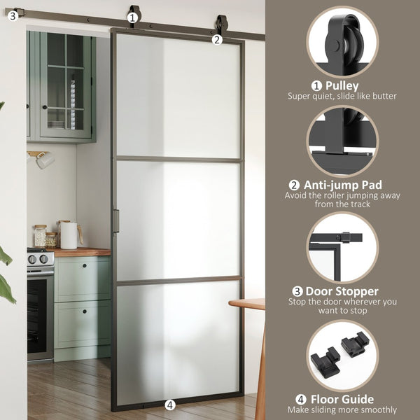 English Elm Homcom Frosted Tempered Glass Sliding Barn Door Carbon Steel Frame Privacy Room Divider W2225P160419