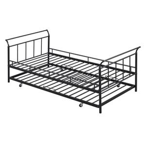 English Elm Twin Metal Daybed with Curved Handle Design and Durable Iron Trundle, Space-Saving Guest Bed Solution Black MF314054AAB
