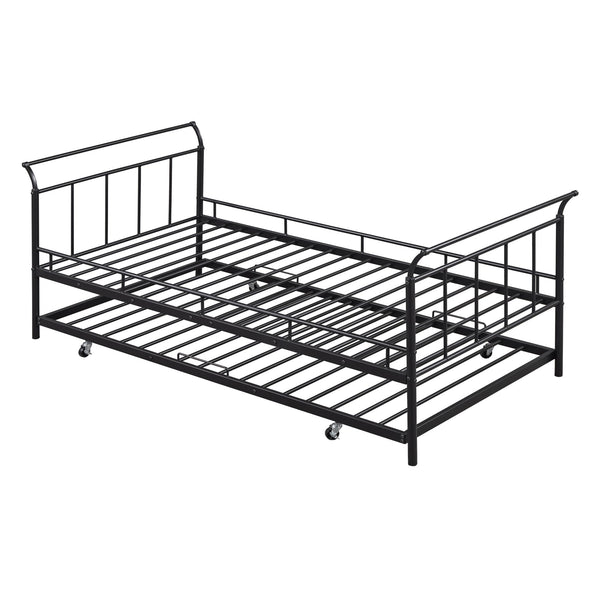English Elm Twin Metal Daybed with Curved Handle Design and Durable Iron Trundle, Space-Saving Guest Bed Solution Black MF314054AAB