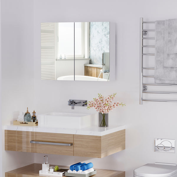 English Elm HOMCOM Modern Double Door Wall Medicine Cabinet Mirror, 31.5"x23.5", White MDF, Quiet Hinges & Ample Storage W2225P160434