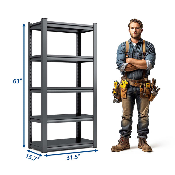 English Elm 63"H Heavy Duty 5-Tier Metal Shelving Rack 2000LB Capacity Adjustable Garage Storage Unit Black T2398P160408