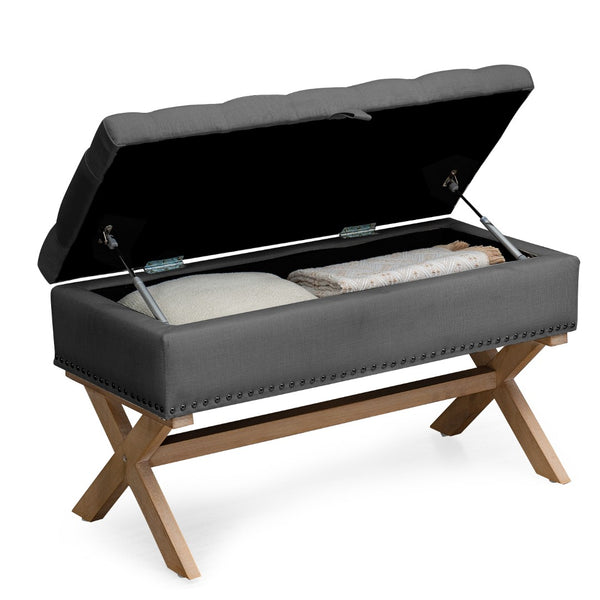 English Elm 35 Inch Linen Button Tufted Storage Ottoman Bench for Bedroom or Living Room W1955P144006