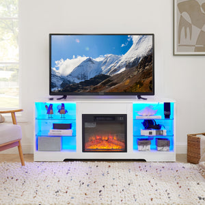 English Elm TV 58" Electric Fireplace TV Stand with 3D Realistic Flame, LED Lights, USB & AC Power Strip, Modern Media Console White W2275P149866
