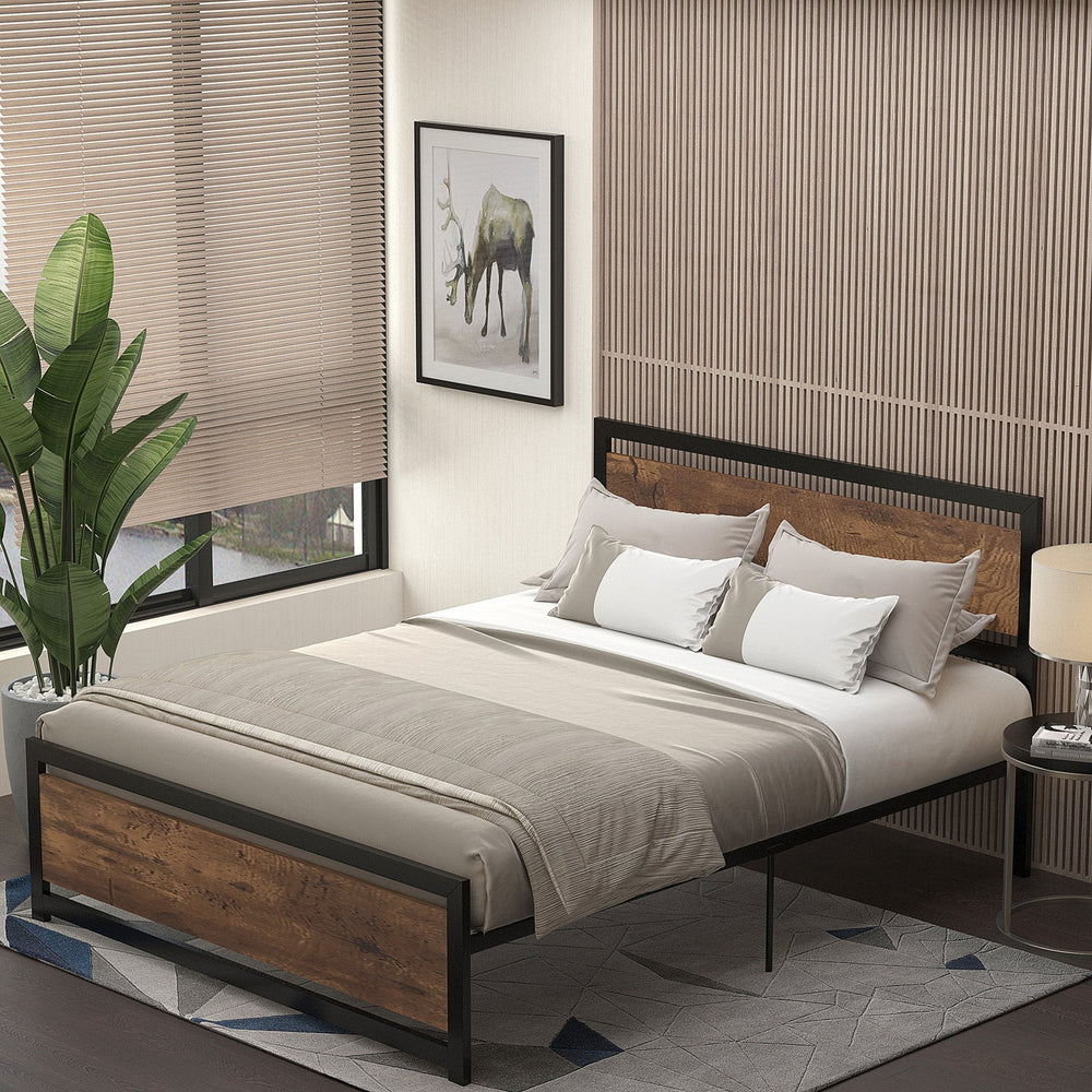English Elm HOMCOM Queen Platform Bed with Head & Footboard, 880lb Steel Slats, 12.25" Underbed Storage, Brown W2225P160425