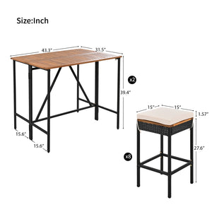 English Elm Go Acacia Wood Pe Rattan Bar Height Patio Set Eight Stools Foldable Outdoor Dining FG317873AAA