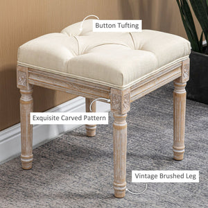 English Elm HOMCOM Tufted Vintage Ottoman 16" Beige Linen-Feel Footstool with Carved Wood Legs, Sturdy 264lb Capacity W2225P160417