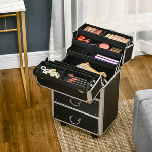 English Elm HOMCOM Lockable Rolling Makeup Train Case with Folding Trays, Swivel Wheels, Telescoping Handle, Black W2225P160431