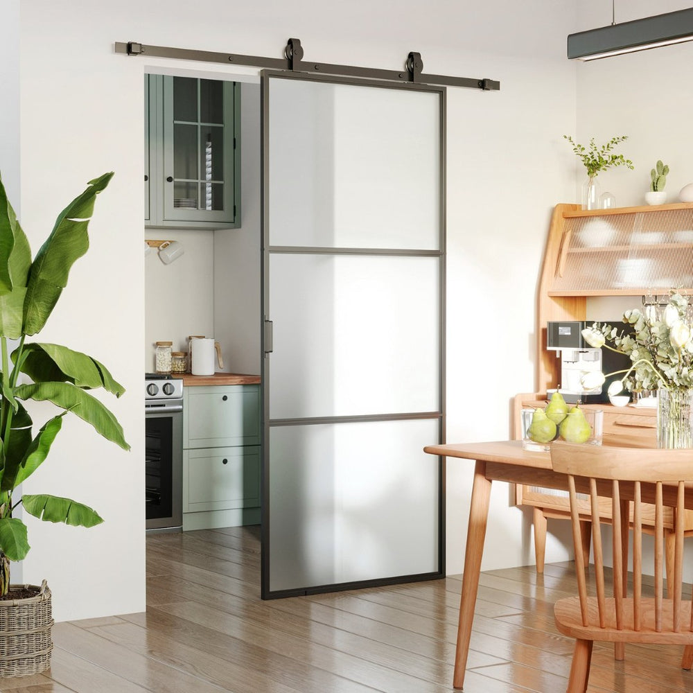 English Elm Homcom Frosted Tempered Glass Sliding Barn Door Carbon Steel Frame Privacy Room Divider W2225P160419