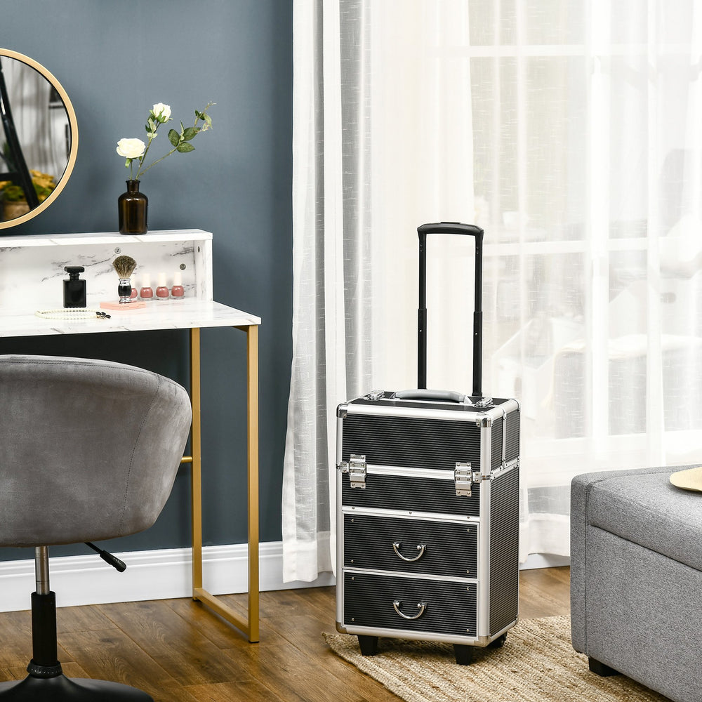 English Elm HOMCOM Lockable Rolling Makeup Train Case with Folding Trays, Swivel Wheels, Telescoping Handle, Black W2225P160431