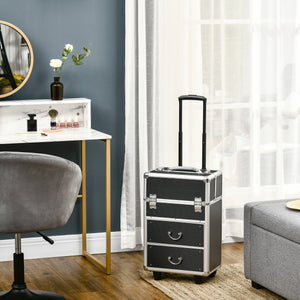 English Elm HOMCOM Lockable Rolling Makeup Train Case with Folding Trays, Swivel Wheels, Telescoping Handle, Black W2225P160431
