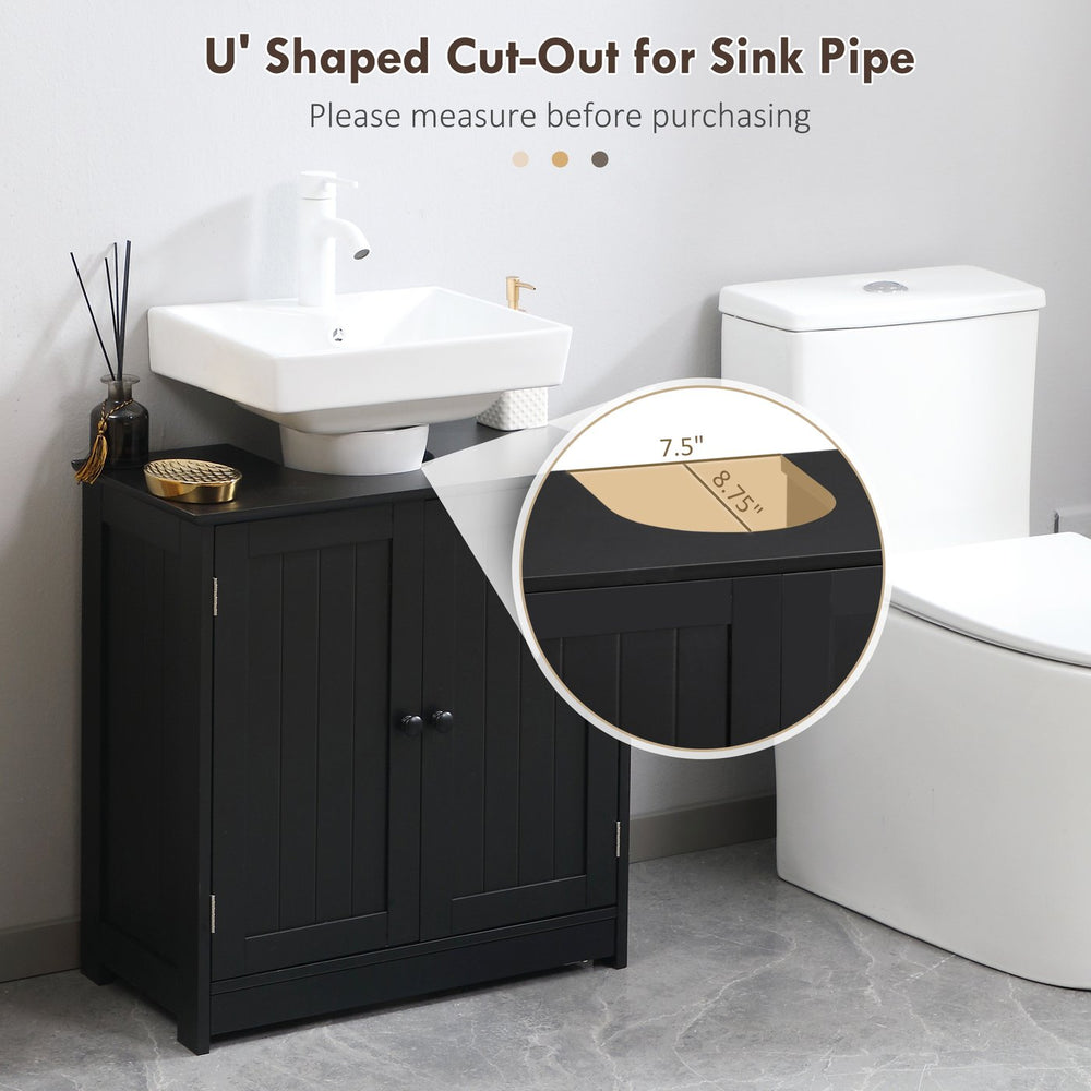 English Elm HOMCOM Pedestal Sink Cabinet with U-Shape Cutout, Adjustable Shelf, Double Door Storage, Black W2225P160432