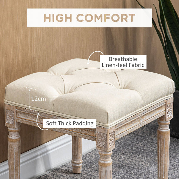 English Elm HOMCOM Tufted Vintage Ottoman 16" Beige Linen-Feel Footstool with Carved Wood Legs, Sturdy 264lb Capacity W2225P160417