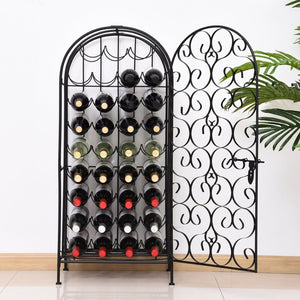 English Elm Homcom Wrought Iron Floor Wine Rack with Scrollwork Door Holds 35 Bottles W2225P160427