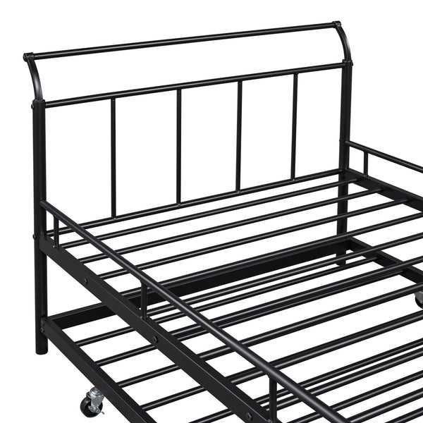 English Elm Twin Metal Daybed with Curved Handle Design and Durable Iron Trundle, Space-Saving Guest Bed Solution Black MF314054AAB
